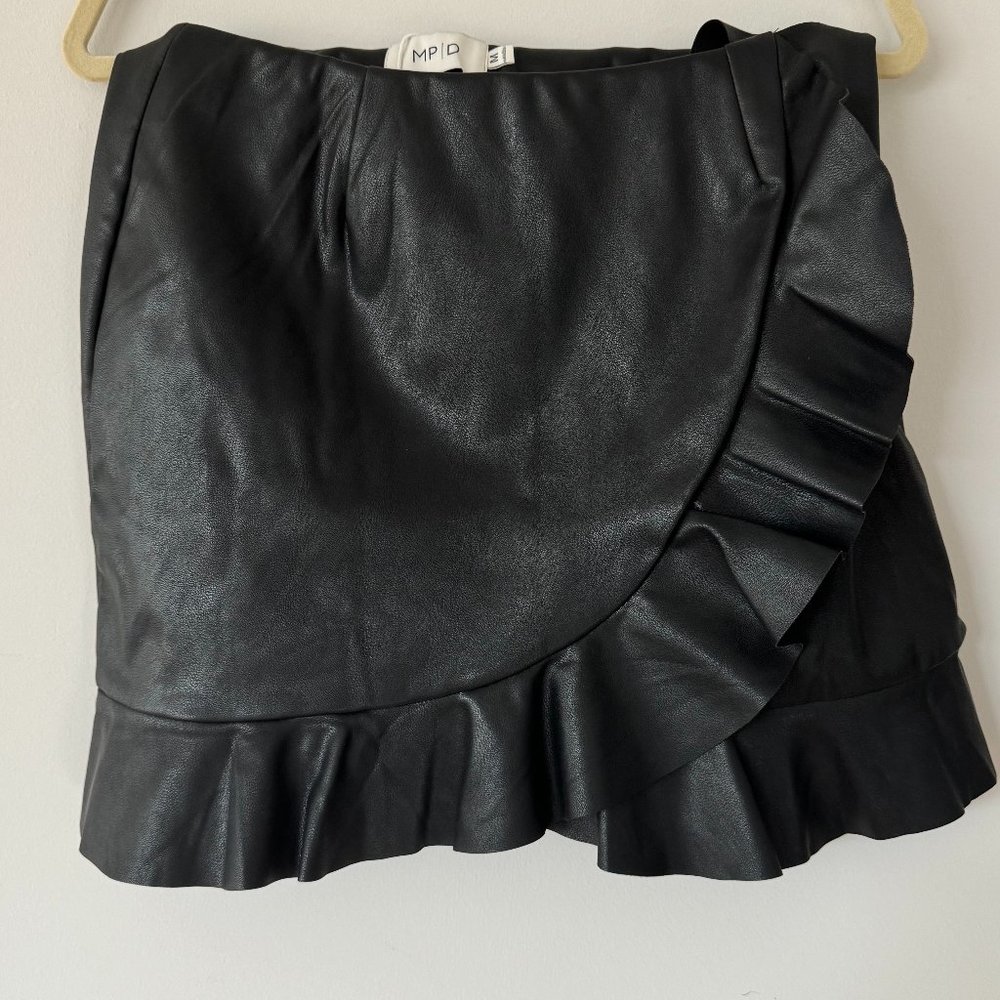 MinkPink Denim Black Faux Leather Ruffle Flick Mini Skirt